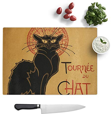 Glass Chopping Board, Theophile Steinlen Chat Noir Cat, 39x28.5 cm | Textured Glass Worktop Saver with Non-slip Feet, Hygienic Cutting and Serving Board for Protecting Kitchen Surfaces