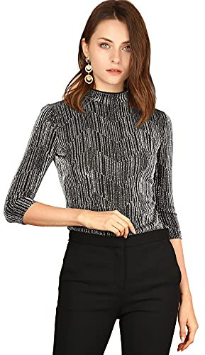 Allegra K Damen Glitzer Shirt Langarm Stehkragen Metallic Streifen Pailletten Pullover Oberteile Bluse Silber Schwarz M