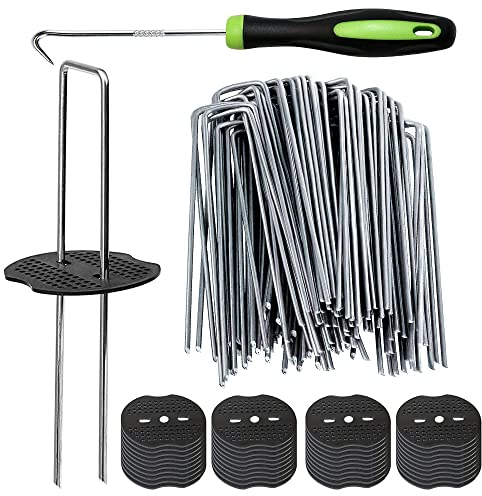 Bakulyor 50 Weed Control Membrane Pegs + 50 Buffer Washer, 6/150mm Weed Mat Metal Garden Landscape Staples Artificial Grass Pins Ground Cover Mossing Fabric Artificial Barrier Pegs Accessories