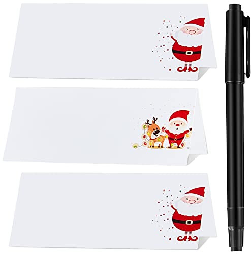 60 Pièces Cartes de Nom de Lieu Noël Cartes de Nom de Table Noël Cartes de Wapiti du Père Noël Cartes de Siège Noël Cartes de Voeux avec Stylo pour Décoration Fête Hiver Mariage Vacances