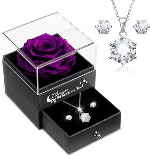 Sunia Regalo Dia de la Madre,Rosa Eterna con Collar y Pendientes de Plata de Ley 925,Rosa Real Preservada para Mama Abuela Novia,Regalo Cumpleaños Mujer,Regalo del Dia de la Madre San Valentin Navidad