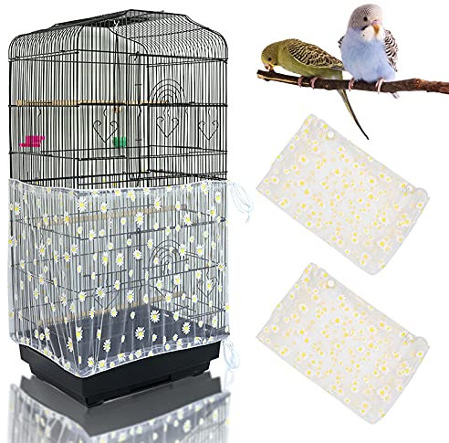 Mngren 2 Stücke Einstellbar Vogelkäfig Abdeckung, Vogelkäfig Samenfänger, Papageien Kordelzug Vogelfutter Kleintiere Netz, Abdeckung Rock Bewachen für Runde Quadratische Käfige(Weiß, Gänseblümchen)