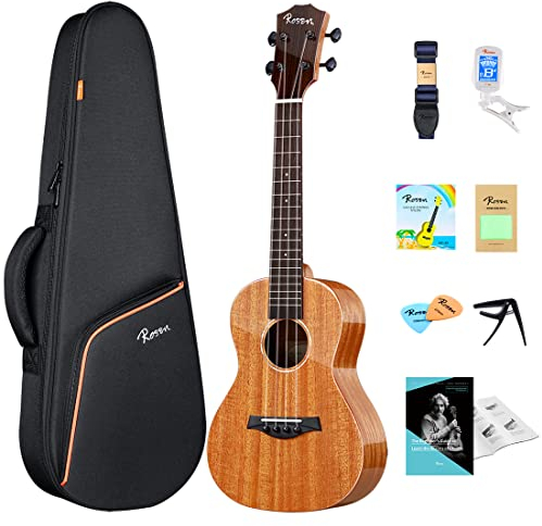 Rosen Tenor-Ukulele für Erwachsene, Anfänger, Ukulele aus massivem Mahagoni, 66 cm, Ukulele für Kinder, Starter-Set mit Unterrichtsbuch, Gig-Tasche, Stimmgerät, Kapodaster, Plektren, Saiten