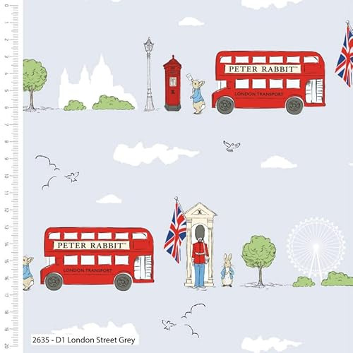 Beatrix Potter – Peter Rabbit London – Baumwollstoff mit Digitaldruck, Meterware – 110 cm breit, 100 % Baumwolle (ideal zum Basteln, Quilten, Nähen)