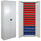 HEMMDAL Flügeltürenschrank | HxBxT 195 x 71 x 30 cm | Grau | Sichtlagerkästen 78 x Rot, 12 x Blau | Aufbewahrung von Kleinteilen & Werkzeug | Sicherheits-Zylinderschloss | Werkzeugschrank aus Stahl