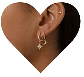 Yheakne Boucles d'oreilles créoles bohème en forme de lune et d'étoile avec cristaux en forme d'étoile pavée, boucles d'oreilles pendantes en or dépareillées pour femmes et filles