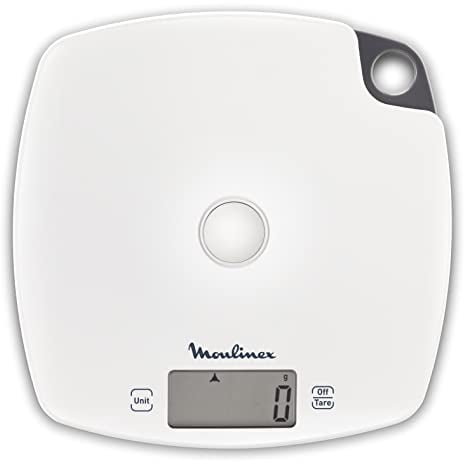 Moulinex BN1000 Compliss Balance de cuisine, capacité jusqu'à 5 kg, écran LCD, fonction tara, crochet pour accrocher, blanc