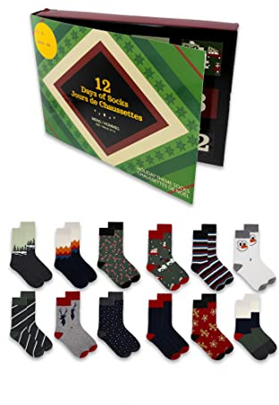 Gertex Hochwertige Weihnachtssocken für Herren, Adventskalender, 12 Tage Socken, Sockengröße 44-47, inklusive 12 Crew-Socken