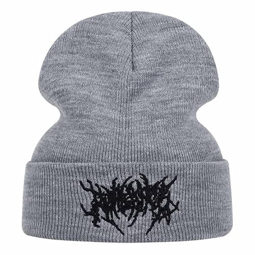Gothic Beanie Mützen für Damen Herren Grunge Emo Zubehör Harajuku Y2k Punk Streetwear Winter Warm Hat Gestrickte Weiche Mütze, Grau, Einheitsgröße