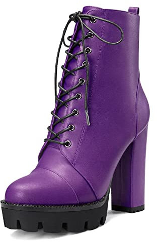 Castamere Donna Alto High Tacco Heel Piattaforma Chunky Blocco Rotonda Punta Stivaletti Lacci Cerniera Stivali Viola A 36 EU