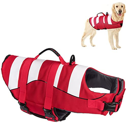 Giubbotto di Salvataggio per Cani Regolabili,Giubbotto di aiuto al Galleggiamento Cani con Manico,Buona Galleggiabilità in Mare,Piscina,Lago (L,Rosso)