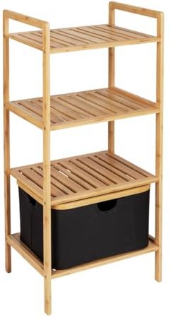WENKO Étagère Ecori, 3 tablettes avec panier amovible et pliable (28 L), en bambou certifié FSC® et polyester recyclé, 44 x 93,5 x 33 cm, naturel/noir