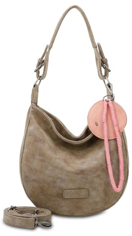 Fritzi Hobo Vintage Hobo Kunstleder Damen Umhängetasche Festival City vegan abnehmbarer Anhänger Vintage-Waschung 31 x 33 x 10 cm – Schwarz, Rosa, Braun, Gruen, Beige, Pink, Blau, Gelb