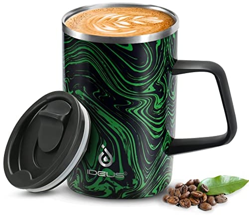 Ideus Vacuum Insulated Coffee Mug, 16oz Reusable Stainless Steel Thermal Double Walled Cup with Handle and Slider Lid for Hot & Cold Beverages, BPA Free (Green Zebra)
