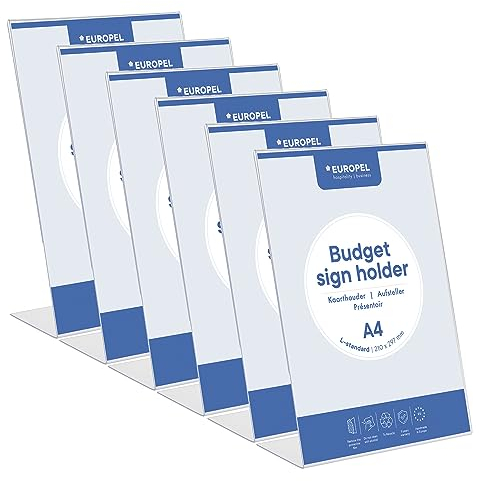 Europel Budget Tischaufsteller, 6 Stück, L-Ständer, DIN A4 Hoch, Glasklar Polystyrol 1,5 mm, Speisekarten- & Prospektständer für Restaurants, Hotels, Konferenz & Rezeption