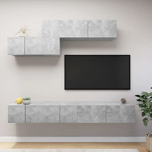 JUNZAI 6-TLG. TV-Schrank-Set, Wohnwand Wohnzimmer, Anbauwand Wohnzimmer, Schrankwand Wohnzimmer, Wohnzimmer Wand, Betongrau Holzwerkstoff
