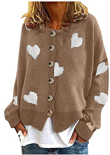 WVONIF Pull Cardigan en Tricot brodé en Forme de cœur pour Femmes Plaid Polaire Pull (Khaki-H, XXL)