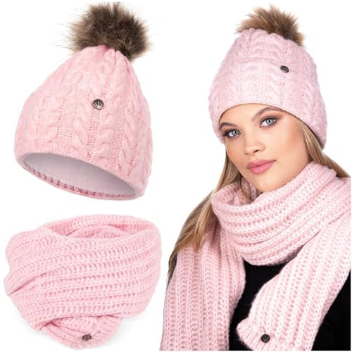 HEYO Damen Set Mütze Weiche Wintermütze mit Kunststoffbommel Leicht Winterschal Schal Halswärmer Bommelmütze Beanie Strickmütze gefüttert Winterset Damenschal (Rosa)