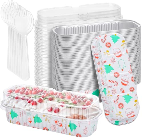 ylnurac 100Pack Christmas Mini Cake Pans Disposable Mini Loaf Pans with Lids and Spoons, 6.8Oz Aluminum Foil Pans Tins, Individual Dessert Cups Containers for Sales,Party,Picnics