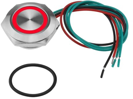 The Lord of the Tools 12–24V 19mm Ultra-flacher Edelstahl Druckknopf Taktschalter Rücksetzbarer Schalter IP67 1A Kabellänge 150mm mit LED Licht, Rot