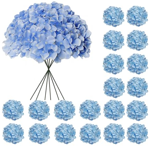 Cherica 20 Stück blaue Hortensien, künstliche Hortensien, künstliche Hortensien, künstliche Seiden-Hortensien mit Stielen, blaue Blumen für Dekoration, Hochzeitsdekoration