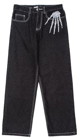 Sawmew Herren Baggy Jeans Hip Hop Jeans Teenager Junge Streetwear Skateboard Y2K Hose Vintage Skelett Bedruckte Jeans Skater Skateboard Hose (Color : Black, Size : XS)