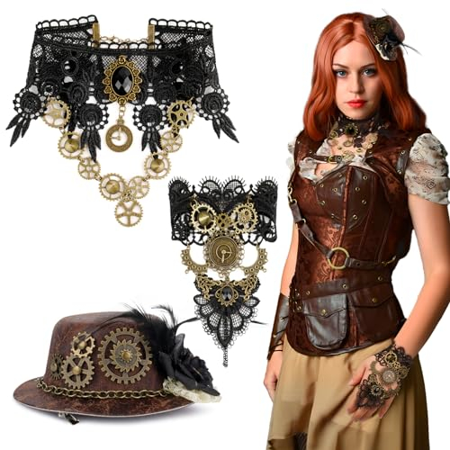 BOFUNX Damen Steampunk Accessoires, Steampunk Halskette Gotisch Choker + Steampunk Handstulpen Armbänder + Steampunk Mini Hut Haarklammer, Steampunk Kostüm für Karneval Halloween