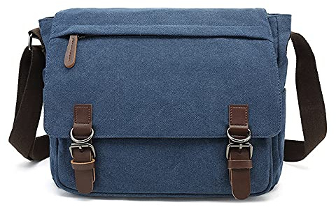 Sechunk Canvas Vintage Messenger Bag Shoulder bag Leather Large Travel Crossbody bags for men women 15inch Laptop, Blue, L