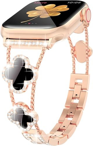 Women Bling Diamond Lucky Clover Band Compatible with Apple Watch Strap 38mm 40mm 41mm 42mm 42mm 45mm 46mm Series SE 10 9 8 7 6 5 4 3 2 1, Sparkle Diamond Bracelet Wristband, Dressy iWatch Band