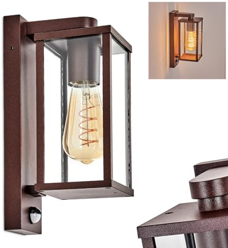 Außenwandleuchte Tourega, Außenwandlampe mit Bewegungsmelder aus Metall/Glas in Rost/Klar, Leuchte im Industrial-Design für Garten/Außenfassade/Außenbereich/Terrassen, E27, ohne Leuchtmittel, IP44