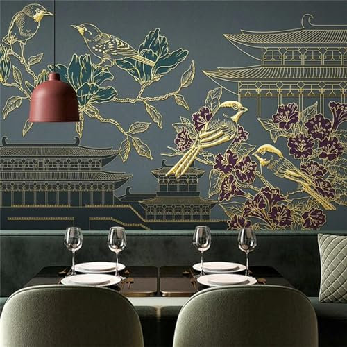 ZEZILE Peintre Mural personnalisé avec des Lignes en Relief dorées Chinoises construisant des Fleurs et des Oiseaux Mur de Chambre