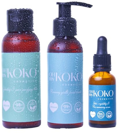 OhMyKoko | Gesichts-Pflegeset für Fettige und Mischhaut | Erneuerndes Peeling-Reinigungsgel + Sebumregulierendes Serum + Klärendes Tonikum | Talg-, Poren- und Glanzkontrolle