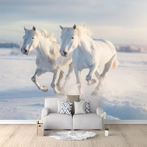 Papier Peint Panoramique Cheval Blanc Animal 300x210 cm Papier Peint Intissé Mural, Poster Geant Mural Impression 3D, pour Salon Chambre d'enfants restaurant Décoration Murale