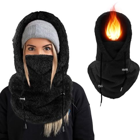 Lyneun Plüsch Sturmhaube Mütze Winter Thermo Skimaske, Winddichte Gesichtsmaske Balaclava, Verstellbare Skimaske Kapuzenschal für Herren Damen, Halswärmer Sturmhaube Ski Maske (Schwarz)