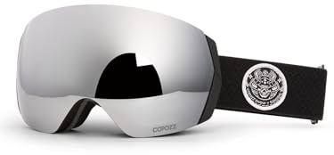 COPOZZ H2 Skibrille, Hyperbolische OTG-Schneebrille, Antibeschlag- und UV-Schutz, Austauschbare Linse, Snowboardbrille für Erwachsene Herren Damen–Schwarzer Rahmen, Silberne Linse (VLT 8,8%)