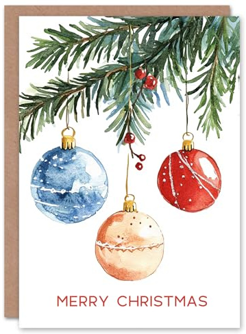 Artery8 Three Baubles Hanging From Tree Watercolour Blank For Him Or Her Art Christmas Card