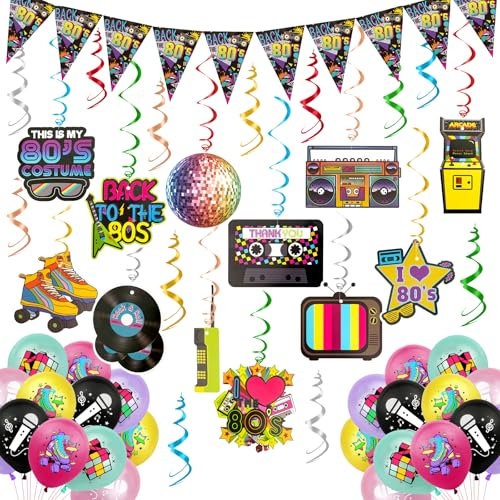 70 Stück 80er Jahre Deko, 10 Stück 80er Jahre Party Luftschlangen Geburtstag HäNgende Wirbel Deko 24 Stück Luftballons für 80er Deko Hip Hop Disco Theme 10 Stück 80er Jahre Wimpelkette (80er deko)