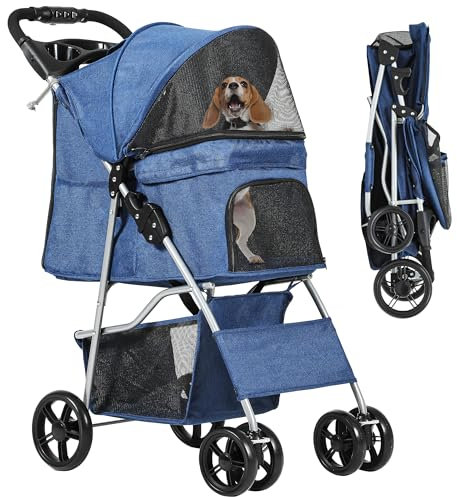 YITAHOME 4-Wheel Dog Pushchair with Storage Basket, Pet Stroller for Small to Medium Dogs, Foldable Pet Travel Carriage with Cup Holder & Storage Basket (Blue)