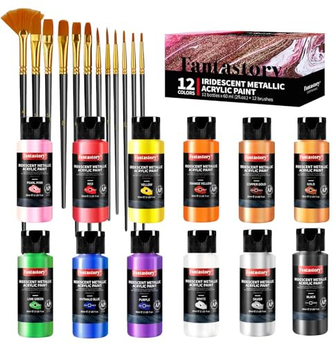 Fantastory Acrylfarben Set Metallic,12x60 ml, irideszent;gute Deckkraft,lichtbeständig,wasserfest, für Leinwand,Modelle,Holz,Keramik,Glas;für Anfänger,Hobbykünstler