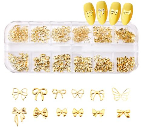 3D Bow Nail Charms, 12 Styles Gold Bows Nail Charms Bow-Knot Nails Decorations Alloy Bow Nail Jewels for Women Girls Nail Design Accessories Manicure Art (1 Box, Random Quantity)