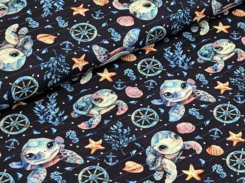 Eigenproduktion Bio Baumwolljersey Maritim Meerestier Schildkröte auf Blau Stoff Meterware Kleiderstoff