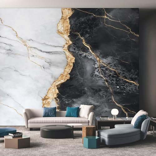 Black and White Marble Mural Wallpaper, Granite Effect Wallpaper for Bedroom, Living Room, TV Backdrop, Office, Hotel Wall Background Decoration Non-Woven Wall Paper 200 X 140 cm (WxH) ao43
