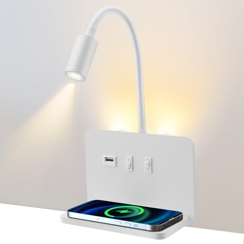 Leselampe Wandmontage mit Wireless Charger, 9W+3W Leselampe Bett mit Schalter und USB Aufladung, LED Wandleuchte Bett Leselicht 360° Schwanenhals Lampe mit Stecker und Kabel für Schlafzimmer (02)