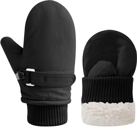 Fjquamitix Kids Warm Gloves Winter Waterproof Snow Mittens Warm Fleece Lined Gloves for Girls Boys Adjustable Wristband Thermal Mittens for Skiing Outdoor Causal Use (Black, L(4-8Y))