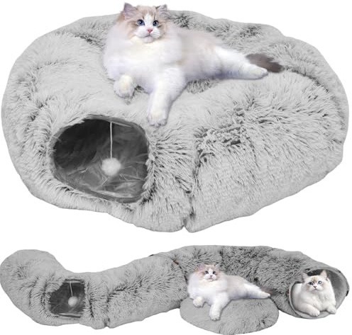 Harupink 3 in 1 Katzentunnel 150cm,Katzentunnel Große Katzen mit Schlafplatz & Bed,Verstellbar (S/C/Rund),Katzenbett Tunnel für Katzen,Atmungsaktiv Robust Faltbar,Ideal für Katze & Kleintiere(Grau)