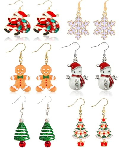 6 Pairs Christmas Earrings for Women – Festive Xmas Earrings with Tree, Snowflake, Snowman, Gingerbread Designs – Christmas Jewelry & Gift