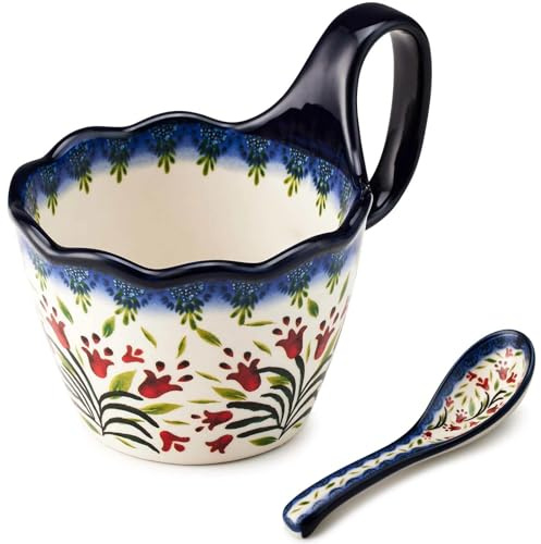 Cteaffee Suppenschüssel und Tassen-Set aus Keramik, 400 ml, handbemalte Kaffeetasse mit Löffel, große Suppenschalen mit Griff, mikrowellen- und spülmaschinenfest, polierter Keramik-Stil (Orchideen)
