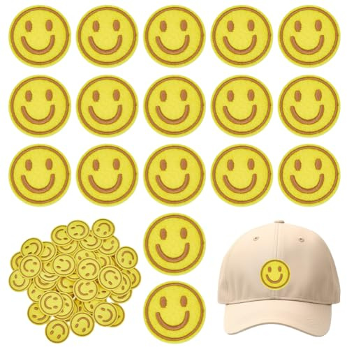 CRAFTYMELODY 50 Stück Aufnäher Mit Lächelndem Gesicht Zum Aufbügeln Stickerei Aufnäher Mit Lächelndem Gesicht Goldene Stoffapplikation Zum Aufnähen Aufbügeln Auf Kostümen Taschen Hüten Schuhen