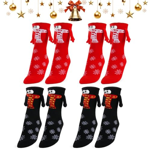 Mineup 4 Paar Lustige Magnetische Weihnachten Socken, Weihnachtssocken Für Damen Und Herren, Hand in Hand Socken Mit Magnetarmen, Kuschelsocken Weihnachten, Geschenk Socke Für Freunde Partner Paare