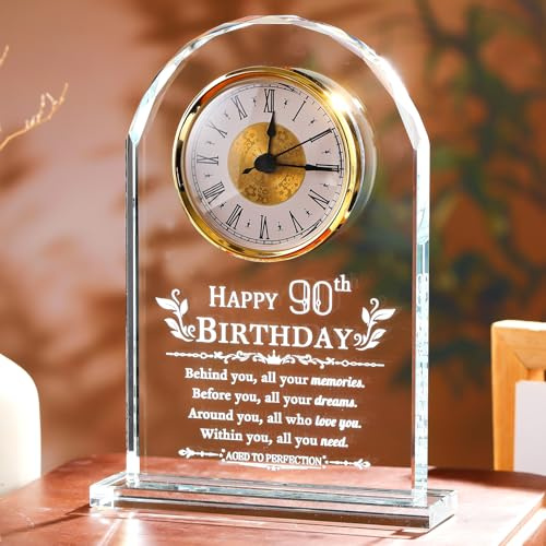 Arikyrist 90th Birthday Gifts Glass Clock Turning 90 Year Old Ornaments | Happy 90th Birthday Quartz Clock Presents Ideas for Mem Parents Grandad Glass 90th Birthday Keepsake Home Clock Decor